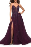 La Femme Beaded Tulle Corset Lace Up Open Back Maxi Dress In Dark Berry In Dark Berry