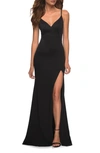 La Femme Long Homecoming Dress With Slit And Criss Cross Back In Black