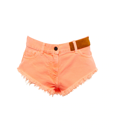 Palm Angels Frayed Mid-rise Denim Shorts In Orange