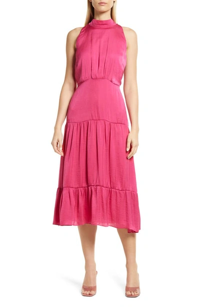 Sam Edelman High Neck Tiered Hem Sleeveless Midi Dress In Pink