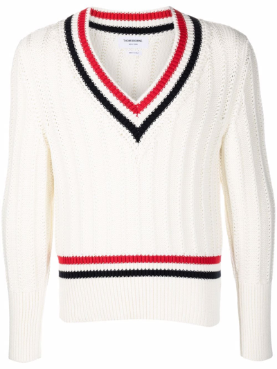 Thom Browne White Baby Cable Classic V Neck Sweater In 100 White