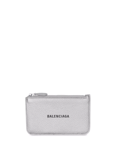 Balenciaga Logo-print Leather Card Holder In 8160 Silver/l Black