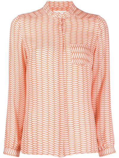 Jane Nyla Geometric Long-sleeve Silk Blouse In Red