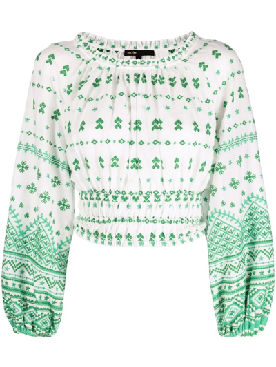 Maje Lolipana Geometric-embroidered Cotton Top In Ecru Green