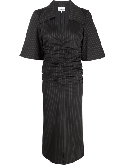 Ganni Ruched Pin-stripe Dress In Sky Captain ModeSens