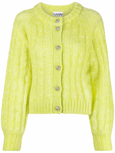 Ganni Cable-knit Mohair-blend Cardigan In Yellow