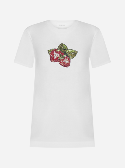 Sportmax Zurlo Sequined Strawberries Cotton T-shirt In White