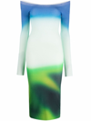 Off-white Off-the-shoulder Printed Stretch-knit Midi Dress In Grün
