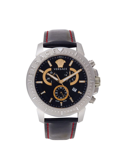 Versace Men's 45mm Stainless Steel & Leather Strap Chronograph Watch In Black