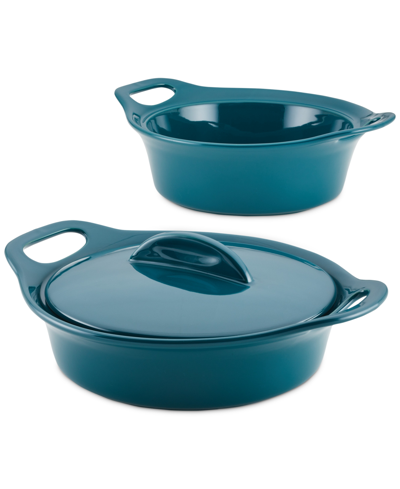 Rachael Ray Ceramic Casserole Bakers With Shared Lid Set, 3-piece In Teal
