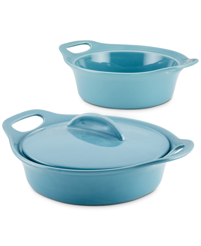 Rachael Ray Ceramic Casserole Bakers With Shared Lid Set, 3-piece In Blue