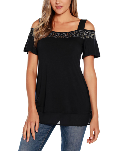 Belldini Petite Size Embellished Cold-shoulder Top In Black