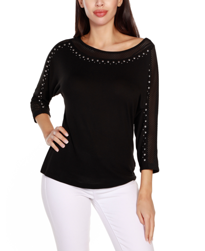 Belldini Women's Embellished Dolman With Mesh Inset Top In Black