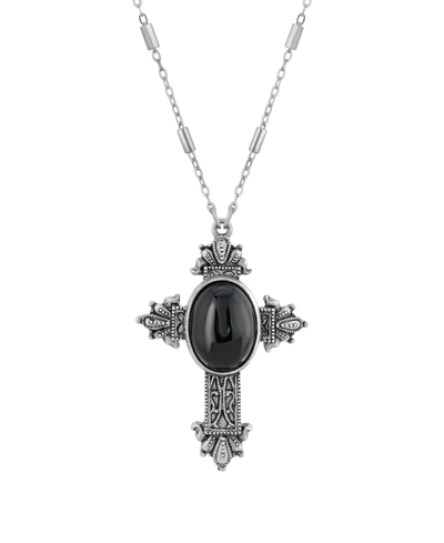 Symbols Of Faith Pewter Cross Pendant Onyx Oval 28" Necklace In Black