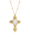 SYMBOLS OF FAITH 14K GOLD DIPPED OVAL SEMI PRECIOUS GENUINE WHITE QUARTZ CROSS 28" NECKLACE