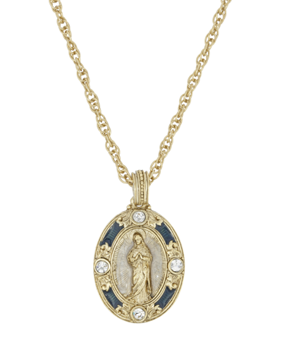 Symbols Of Faith 14k Gold-dipped Crystal Blue Enamel Virgin Mary Pendant 18" Necklace
