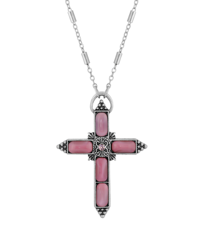 Symbols Of Faith Silver-tone Pink Moonstone Pink Crystal Cross 20" Necklace