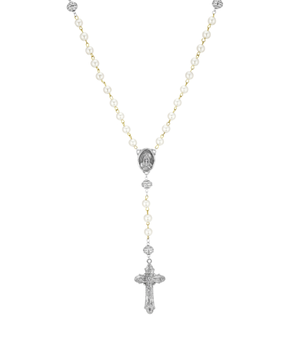 Symbols Of Faith Silver-tone Crucifix Cross Simulated Imitation Pearl Rosary In White