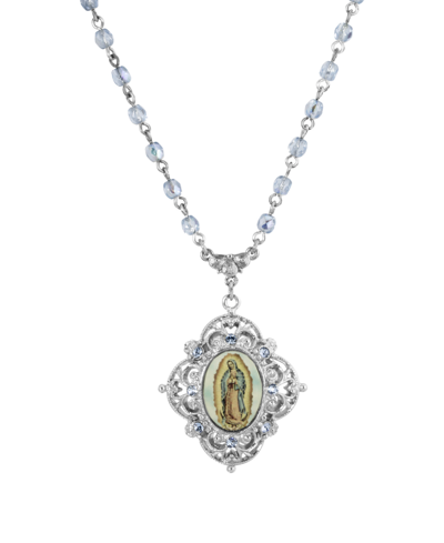Symbols Of Faith Silver-tone Beaded Chain Mary Pendant 15" Adjustable Necklace In White