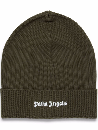 Palm Angels Embroidered-logo Beanie Hat In Green