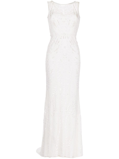 Jenny Packham Crystal-embellished Embroidered Fitted Gown In Weiss