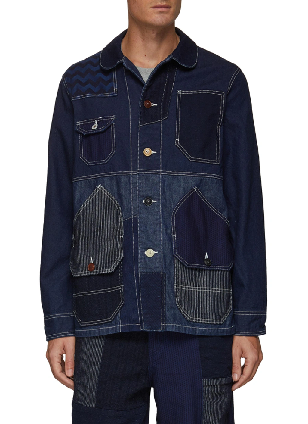 Fdmtl Patchwork Detail Overall Denim Jacket In Blue | ModeSens