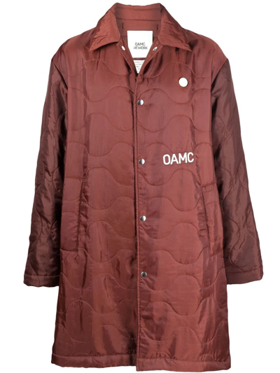 Oamc Quilted Logo-print Coat In Braun