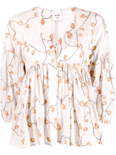 Alysi Embroidered Flounce Smock Top In Grau