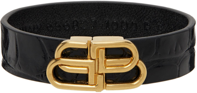Balenciaga Ladies Black Bb Logo Croc Embossed Leather Bracelet In Black,gold Tone