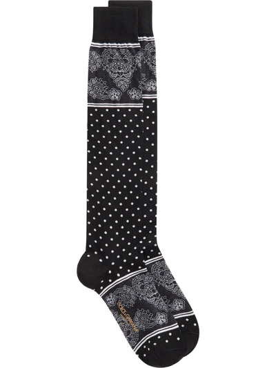 Dolce & Gabbana Black Cotton Baroque Print Sock In Black/white