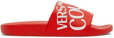 Versace Jeans Couture Diagonal Logo Flat Slides In Red