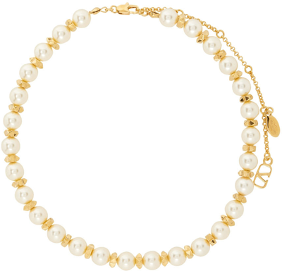 Valentino Garavani Faux Pearl & Rockstud Collar Necklace In Oro 18 Cream