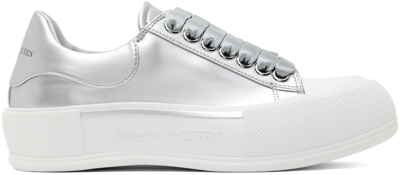 Alexander Mcqueen Silver Deck Plimsoll Low Top Leather Sneakers