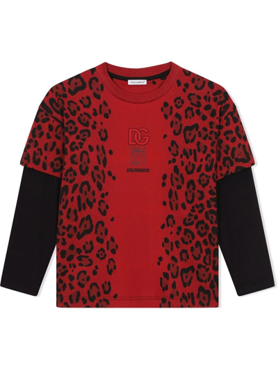 Dolce & Gabbana Kids' Leopard-print Interlock T-shirt In Red