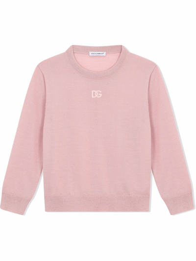 Dolce & Gabbana Kids' Cashmere Round-neck Jumper With Dg Logo Embroidery In Pink