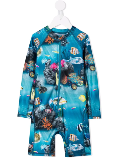 Molo Babies' Sea-life Print Long-sleeve Rashguard Swimsuit In Blue