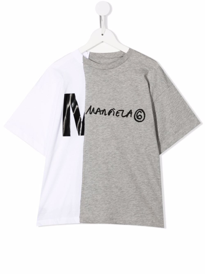Mm6 Maison Margiela Kids' Two-tone Logo-print T-shirt In Grey