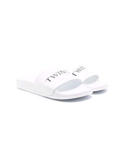 Twinset Kids' Logo-print Leather Sliders In White
