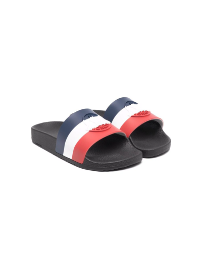 Moncler Kids Black Slipper With Tricolor Band In Blue