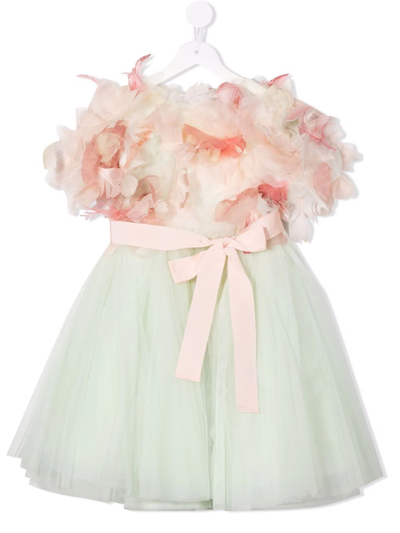 Marchesa Couture Kids' Feather-appliqué Bow-detail Dress In Green