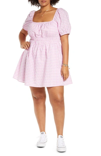 Bp. Shirred Gingham Print Puff Sleeve Prairie Dress In Purple Tulip Picnic Gingham