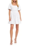 English Factory Mixed Media Puff Sleeve Back Bow Dress In White