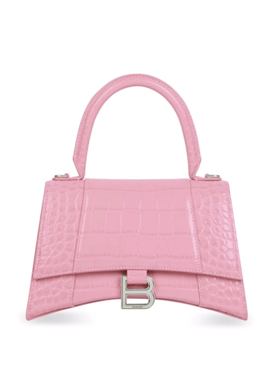 Balenciaga Hourglass Crocodile-embossed Small Handbag In Pink