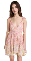 Rococo Sand Tassel Tie-shoulder Tiered Mini Dress In Peach And Butter Yellow