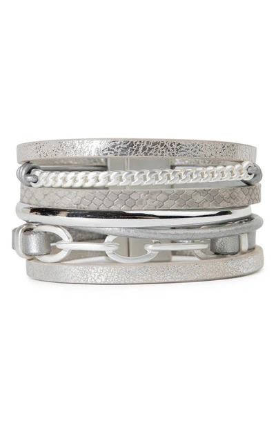 Saachi Chain Link & Snake Embossed Leather Bracelet In Grey