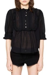 Zadig & Voltaire Tix Lace Accent Cotton Blend Tunic Shirt In Black