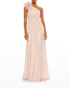 Mac Duggal Rosette Metallic Dot One-shoulder Chiffon Gown In Porcelain
