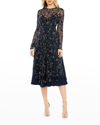 Mac Duggal Beaded Floral Long Sleeve Cocktail Midi Dress In Navy