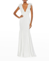 MAC DUGGAL FEATHER-EMBELLISHED DEEP V-NECK GOWN