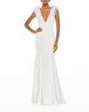 Mac Duggal Feather-embellished Deep V-neck Gown In White